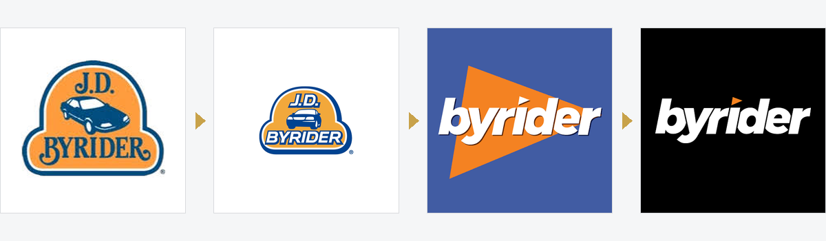 Four Byrider logos in order: the original J.D. Byrider oval with a car, a later blue and gold J.D. Byrider logo, and the current byrider wordmark with an orange arrow, on blue and on black.