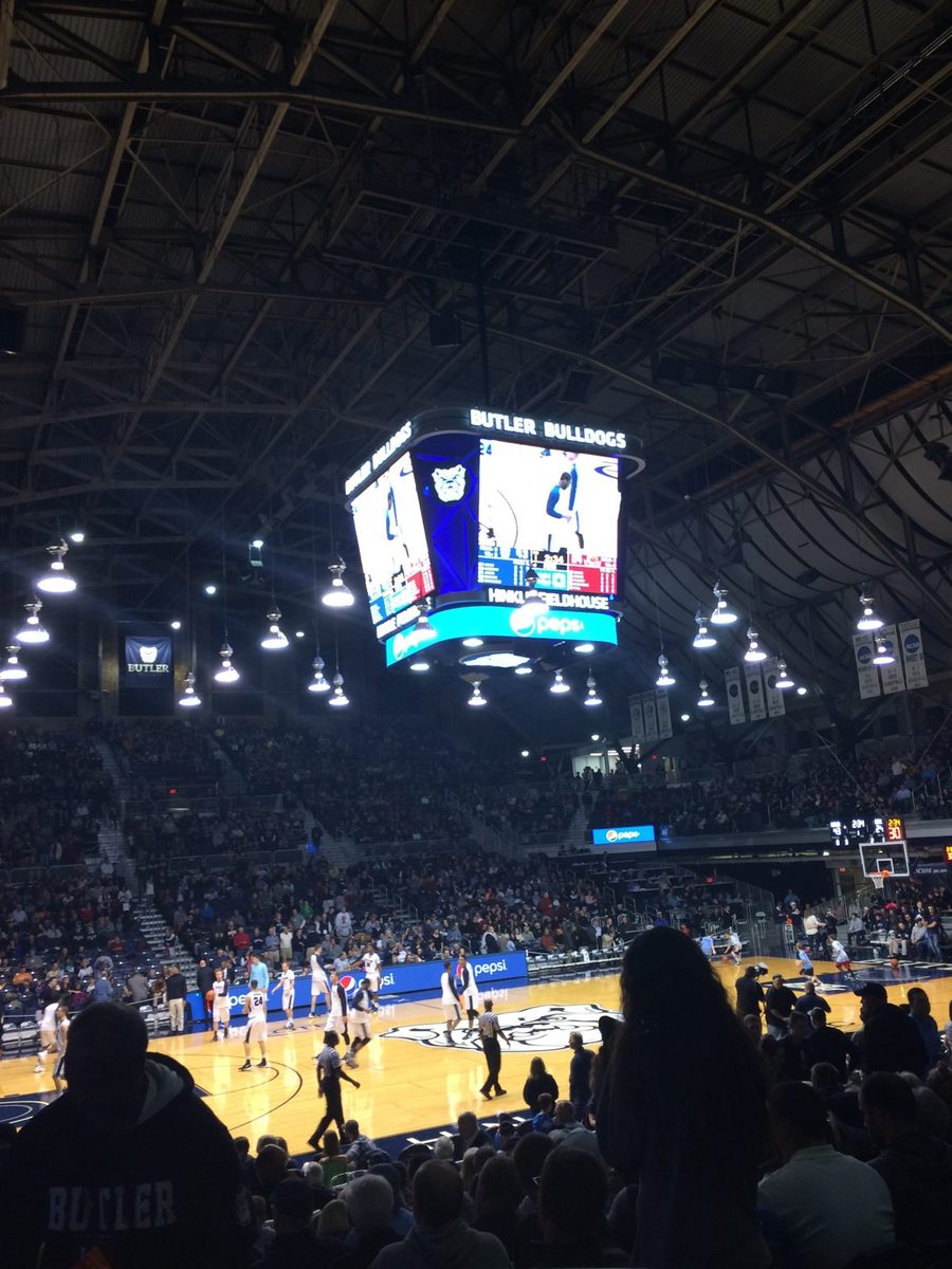 Inside Hinkle Fieldhouse during a Butler basketball game.