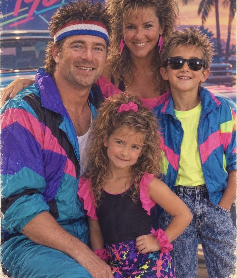 AI-generated 1980s-style portrait of a family in neon windbreakers and big hair.